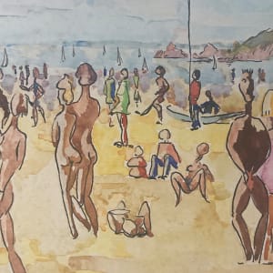 original watercolor of French beach scene 