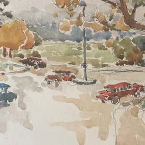 original watercolor of French street scene with cars, Image 1.
