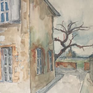 original watercolor of French narrow street scene 