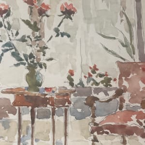 original watercolor of French interior 