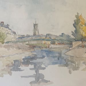 original watercolor of French canal scene 
