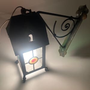 English Arts n Crafts metal lantern with iron wall bracket