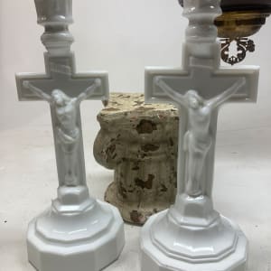 milk glass religious cross candlestick