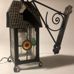 English Arts n Crafts metal lantern with iron wall bracket 