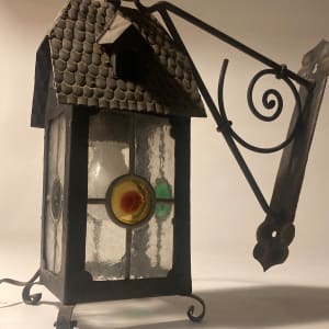 English Arts n Crafts metal lantern with iron wall bracket 