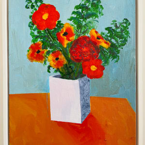 Californian Poppies, Dahlias and a Rose with Fern Fronds by Stephanie Fuller 