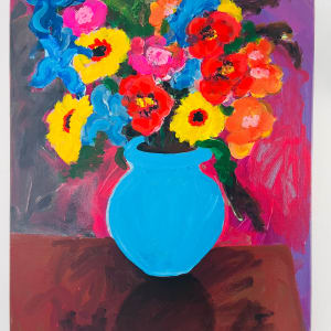 Gazania, Bella Donna Delphiniums, and Mimulus with Eye Paint Roses by Stephanie Fuller 