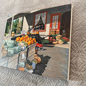 Autumn's Bounty in Rustic Palette by Douglas H Caves Sr  Image: "Autumn's Bounty in Rustic Palette" is a captivating acrylic painting that transports viewers to a quaint rural setting brimming with the essence of fall. 3/4 view