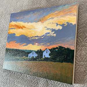 Sunset Serenade on a Gentle Hill by Douglas H Caves Sr  Image: The artwork is a landscape painting showcasing a pastoral scene during a vibrant sunset. It features two white houses nestled among lush green trees, situated on a gentle hillside. The sky is a dramatic display of colors, with rich shades of orange, yellow, and blue, marked by wispy clouds. The lighting creates a warm, serene ambiance across the countryside.