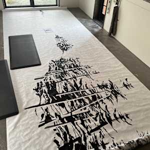 BOREALIS:Arrhythmia by BarbaraHouston ArtStudio  Image: 8’ high 20-‘ long roll of Tyvek, [ainted in19’,sections (green tape on model)