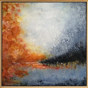 Spaces Between by Cara Lawson-Ball  Image: Oil and cold wax abstracted landscape shown with handmade maple frame