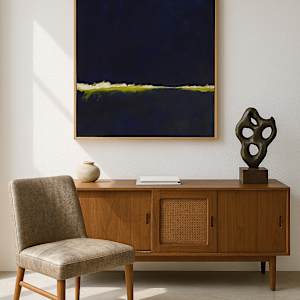 Journey Towards Light by Cara Lawson-Ball  Image: Journey Towards Light abstracted landscape created with oil and cold wax measuring 20"x26"x1.5" framed. Dark black/blue streaked with yellow and white.