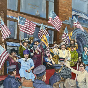 “A Century of Women and the Law” by Nils Johnson  Image: The middle panel depicts the 1920 celebration in New York of the passage and ratification of the 19th Amendment.  On the left, Harriet Taylor Upton is shown in green waiving a flag. Harriet was treasurer of the National American Woman’s Suffrage Association and for a number of years her home in Warren, Ohio (now a national historic landmark) served as its national headquarters.  In the bottom right corner Alice Paul toasts her troops.  Alice was one of the principal leaders and strategists of the suffragists’ early 20th century drive for the vote.  She organized the massive “Votes for Women” parade in Washington, D.C. the day before President Wilson was to be inaugurated in 1912.  At that event were delegations from all 48 states—those of from the north were integrated, while those from the south were not.  To control a crowd of half a million the police dispatched a mere 100 patrolmen.  When the parade began the women were thronged and abused.  The mounted militia had to be summoned so that things could continue.   Alice also created the “Silent Sentinels,” women who day after day maintained a peaceful vigil in front of Wilson’s White House, carrying signs such as "Mr. President, how long must women wait for liberty?”  Over 500 were arrested.  Many were jailed, including Paul, who was placed in solitary confinement and force-fed.  The policeman in the panel in the bottom left clasps his baton and is meant to recall this tension. Paul, a leader and strategist of the movement, is shown in the bottom right toasting the troops. Harriet
Taylor Upton, Treasurer of the National American Woman Suffrage Association is shown in green
waving a flag.