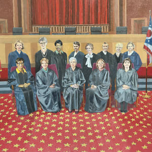“A Century of Women and the Law” by Nils Johnson  Image: The right panel reveals the result of women winning the vote.  Shown are all of the thirteen women who have served on Ohio’s highest court, the first in 1922 being Florence Allen, (center, back row).  Allen was also the first Supreme Court woman Justice elected in any state and it is said President Truman considered appointing her to the U.S. Supreme Court.  Currently four of the seven Ohio Justices are women, including Chief Justice Maureen O’Connor (front row, center) —Ohio’s longest serving state-wide official.