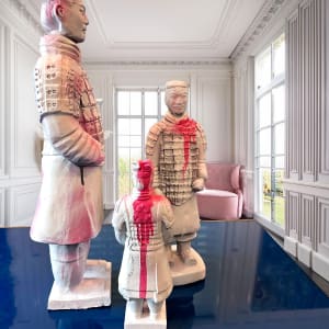 THE PINK WARRIOR: 20" by judith angerman  Image: 3 Pink Warriors displayed on a blue table


