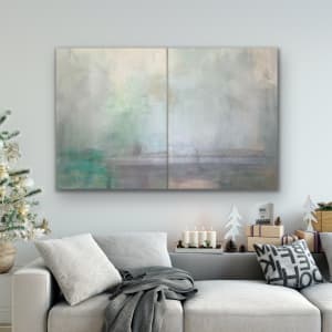 Synesthesia 9, train, bridge, neutral zen, 48 x 72 inches, diptych by Juanita 