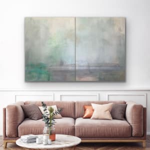Synesthesia 9, train, bridge, neutral zen, 48 x 72 inches, diptych by Juanita 