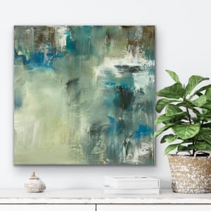 Out of the Blue, blue, yellow, green, brown, white, abstract by Juanita 