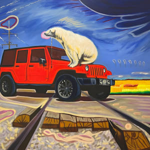 Queen of The Polar Bears  Image: Polar Bear on red Jeep Wrangler