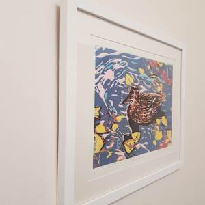 Autumn Duck woodcut by Christine Davis 
