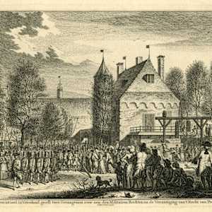Transfer of two prisoners to the military court, 1753 by Simon Fokke