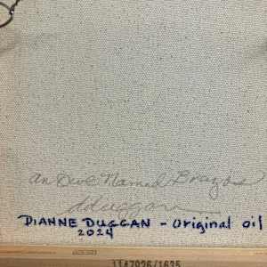 Owl Named Brazos by Dianne Duggan  Image: Date, signature and back of painting