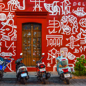 Red Mural with Motorbikes - Oaxaca, Mexico by Jenny Nordstrom