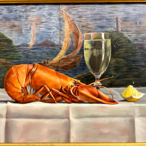 Lobster + Wine Bottle by Julie Y Baker Albright