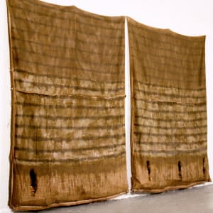 Inside-Out Burlap Bag Painting (green stripes four slits) by Howard Schwartzberg