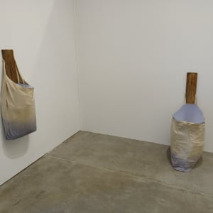 Bag Painting with Vertical Wood (grey purple gloss) installation by Howard Schwartzberg  Image: From the show "Before Painting" 2022, Private Public Gallery, Hudson, NY

