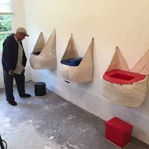 Bag Painting (Instalation ) black hole from the whole, possitive and negative blue, red minus red 2017 by Howard Schwartzberg 