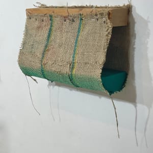 Suspended Painting (green, with two sewn vertical stripes) open side by Howard Schwartzberg
