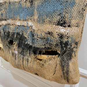 Inside-Out Burlap Bag Painting (black monochrome over stripes) by Howard Schwartzberg 