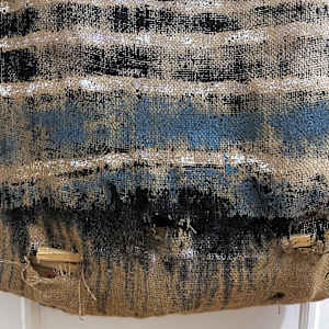 Inside-Out Burlap Bag Painting (black monochrome over stripes) by Howard Schwartzberg 