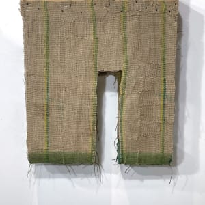 Suspended Painting, jute/burlap (green-yellow with sewn vertical stripes) cut by Howard Schwartzberg 