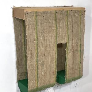 Suspended Painting, jute/burlap (green-yellow with sewn vertical stripes) cut, open side by Howard Schwartzberg