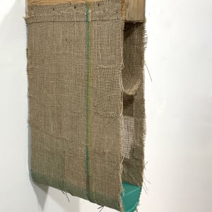 Suspended Painting, jute/burlap, (green blue minus green blue with one sewn vertical stripe) by Howard Schwartzberg 