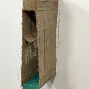 Suspended Painting, jute/burlap, (green blue minus green blue with one sewn vertical stripe) by Howard Schwartzberg