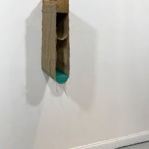 Suspended Painting, jute/burlap, (green blue minus green blue with one sewn vertical stripe) by Howard Schwartzberg 