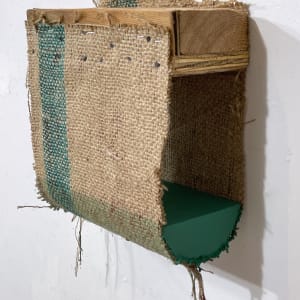 Suspended Painting, jute/burlap (green blue with sewn wide vertical stripe) by Howard Schwartzberg 