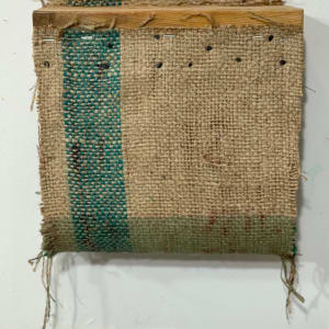 Suspended Painting, jute/burlap (green blue with sewn wide vertical stripe) by Howard Schwartzberg 