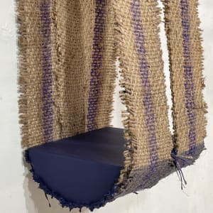 Suspended Painting, jute/burlap (violet dark blue with two sewn vertical stripes) open side, front slit by Howard Schwartzberg 