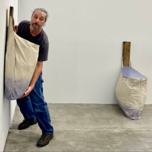 Bag Painting with Vertical Wood (grey purple gloss) installation by Howard Schwartzberg  Image: Installing the two works at Private Public Gallery, Hudson, NY 2022