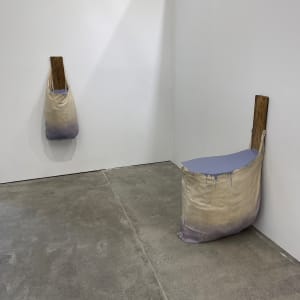 Bag Painting with Vertical Wood (grey purple gloss) installation by Howard Schwartzberg  Image: From the show "Before Painting" 2022, Private Public Gallery, Hudson, NY

