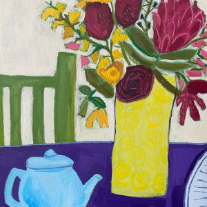 Protea with Yellow Vase and Green Chair by Sheryl Siddiqui Art