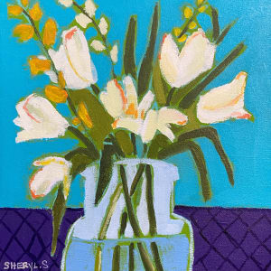 White Tulips on Purple and Teal by Sheryl Siddiqui Art