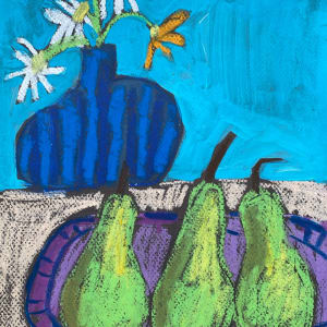 Pears and blue vase by Sheryl Siddiqui Art