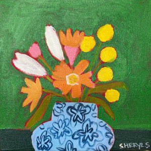 Vintage Vase with Billy Buttons by Sheryl Siddiqui Art