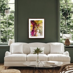 The Sweetest Thing by Bobbie Bonita  Image: Fresh, naturally warm and relaxing color burst for your space and eyes to experience throughout changing seasons. Piece features bold pinks, purple, orange, and sepia brown contrasted by a bit of negative space and complimented with cool mushroom tones, green hues and a pop of the signature color robin's egg blue. Fine art prints available for purchase via email.