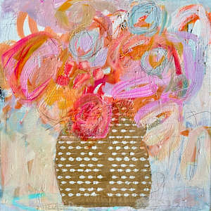 I Am Perfect Just The Way I Am by Miriam Traher  Image: What started as a day of fun painting with a friend, chatting and creating, spying the inside of the Amazon bag, I remember using in another piece that was so fun and just being in the moment of joy, creativity and a great friendship, ended with a piece that wouldn't take no for an answer. I thought it was too quiet, that it needed more punch, more wow, more something and yet its quiet voice became emphatic, with a voice of authority, it is time to take me seriously, I am perfect just the way I am.  And so it is done; the quietness is equally powerful, coming in close and enjoying all the details. She is a bit of a quiet one, and she asks for a more intimate relationship, one that involves enjoying a quiet evening by the fire.  A foot on the table, savouring a glass of wine if that is your thing, and unwinding from a busy day, and just enjoying in the moment. 